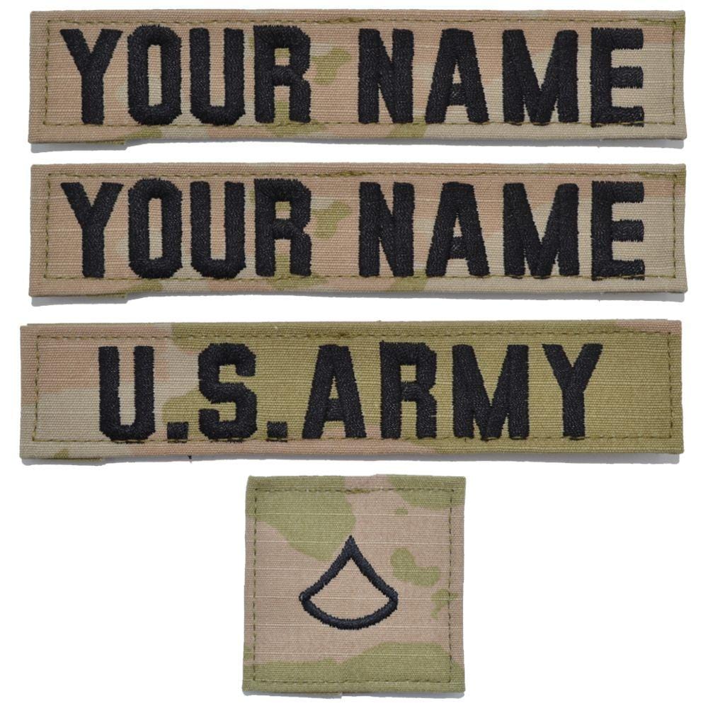 4 Piece Custom Army Name Tape & Rank Set w/ Hook Fastener Backing - 3-Color  OCP